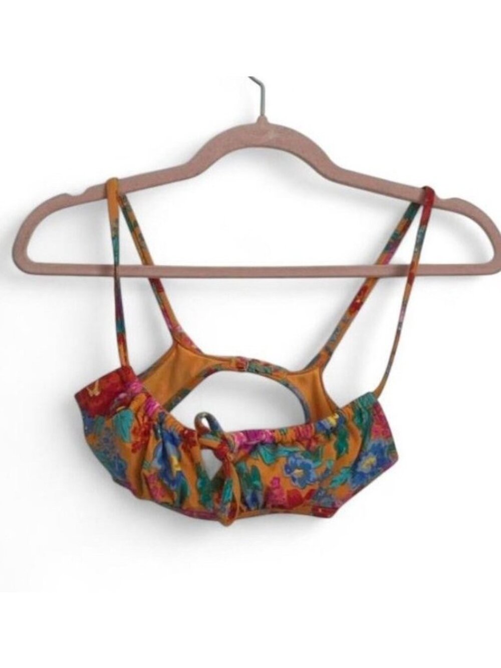 Xhilaration Floral Bikini Top XS Orange Tropical Ruched Cutout Adjustable Strap
